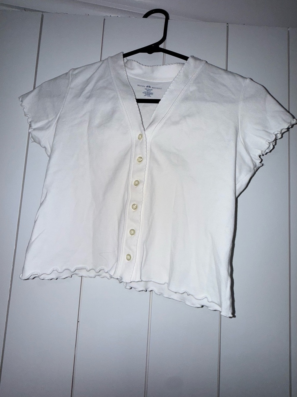Brandy Melville White Short Sleeve Button-Front Ruffle Edge Top